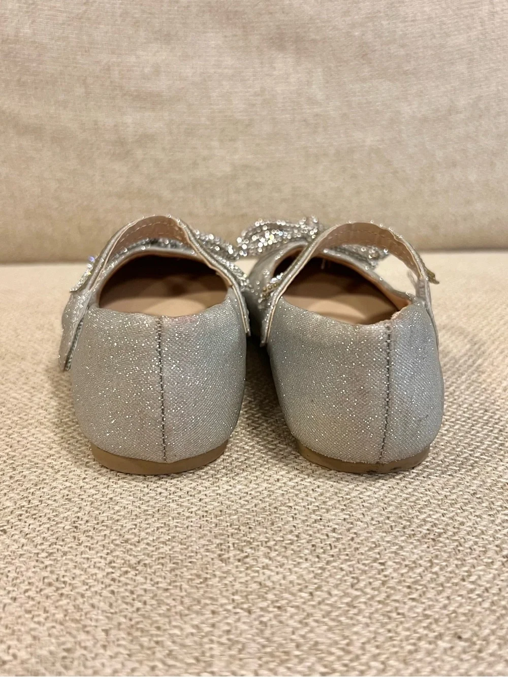 Toddler Girls Size 8 Silver Glitter Rhinestone Bow Mary Jane Flats Dress Shoes